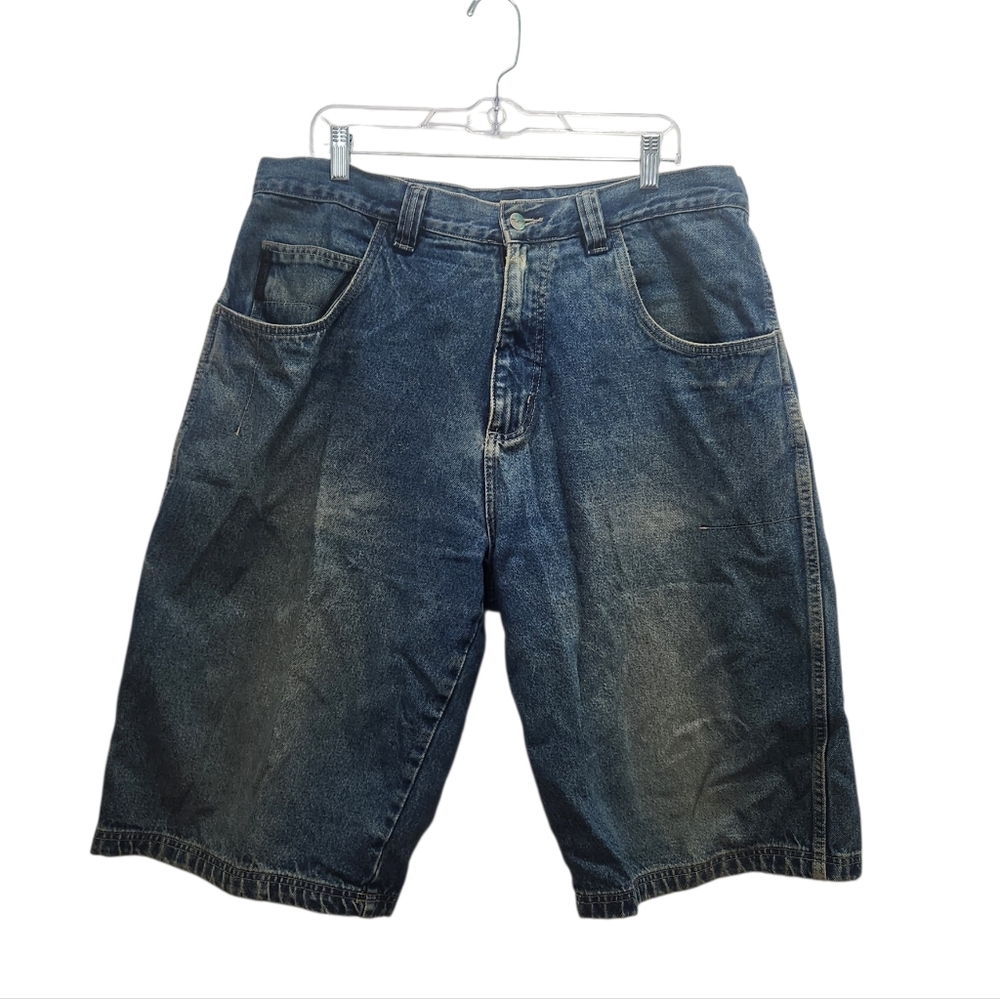 FUBU 90s Y2K Mens Blue Denim Carpenter Shorts Jorts Baggy Streetwear Fits Sz 38W